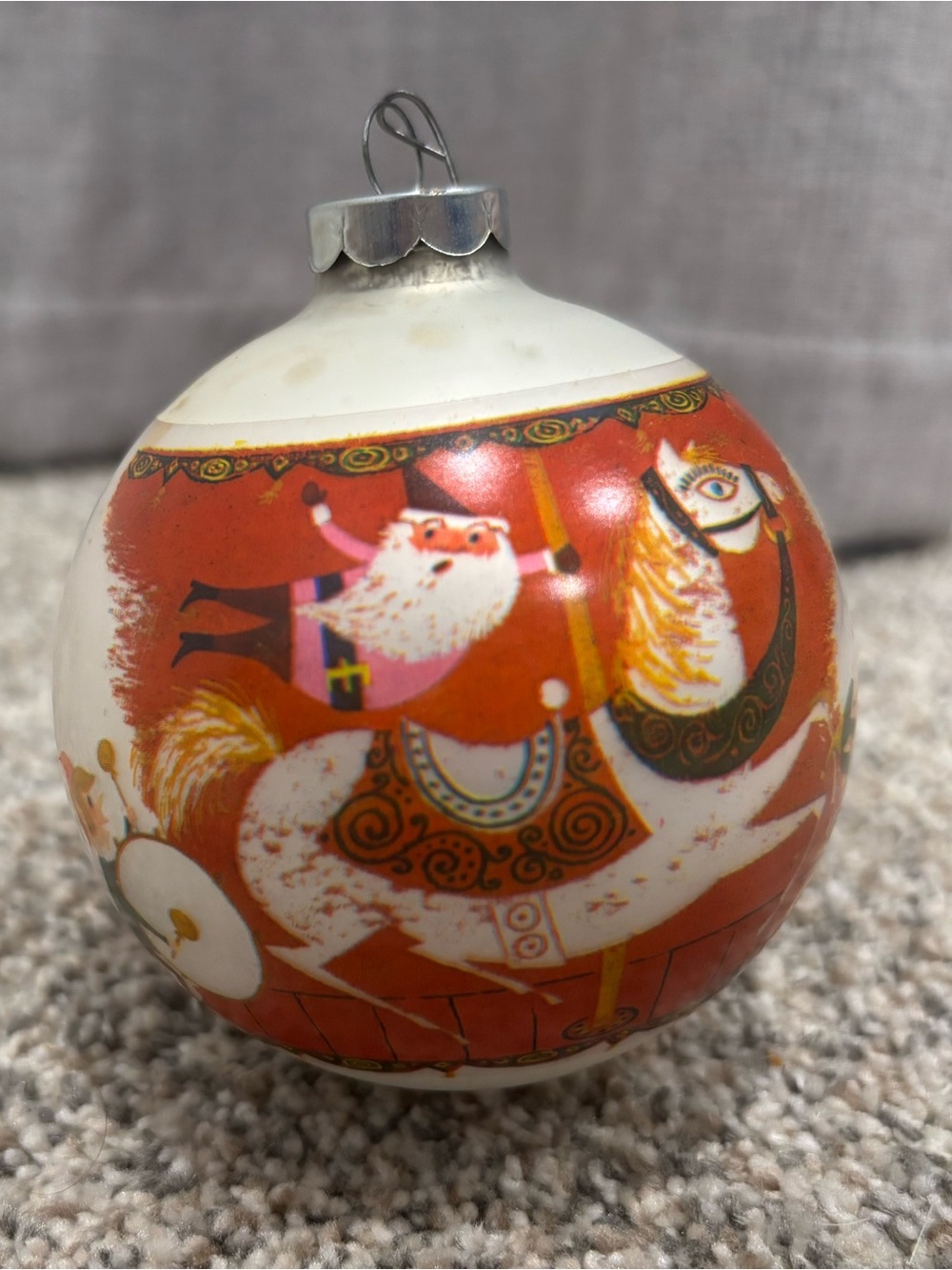 Vintage W. Rutherford Corning Glass Ornament Santa on Merry-Go-Round 3” USA Made